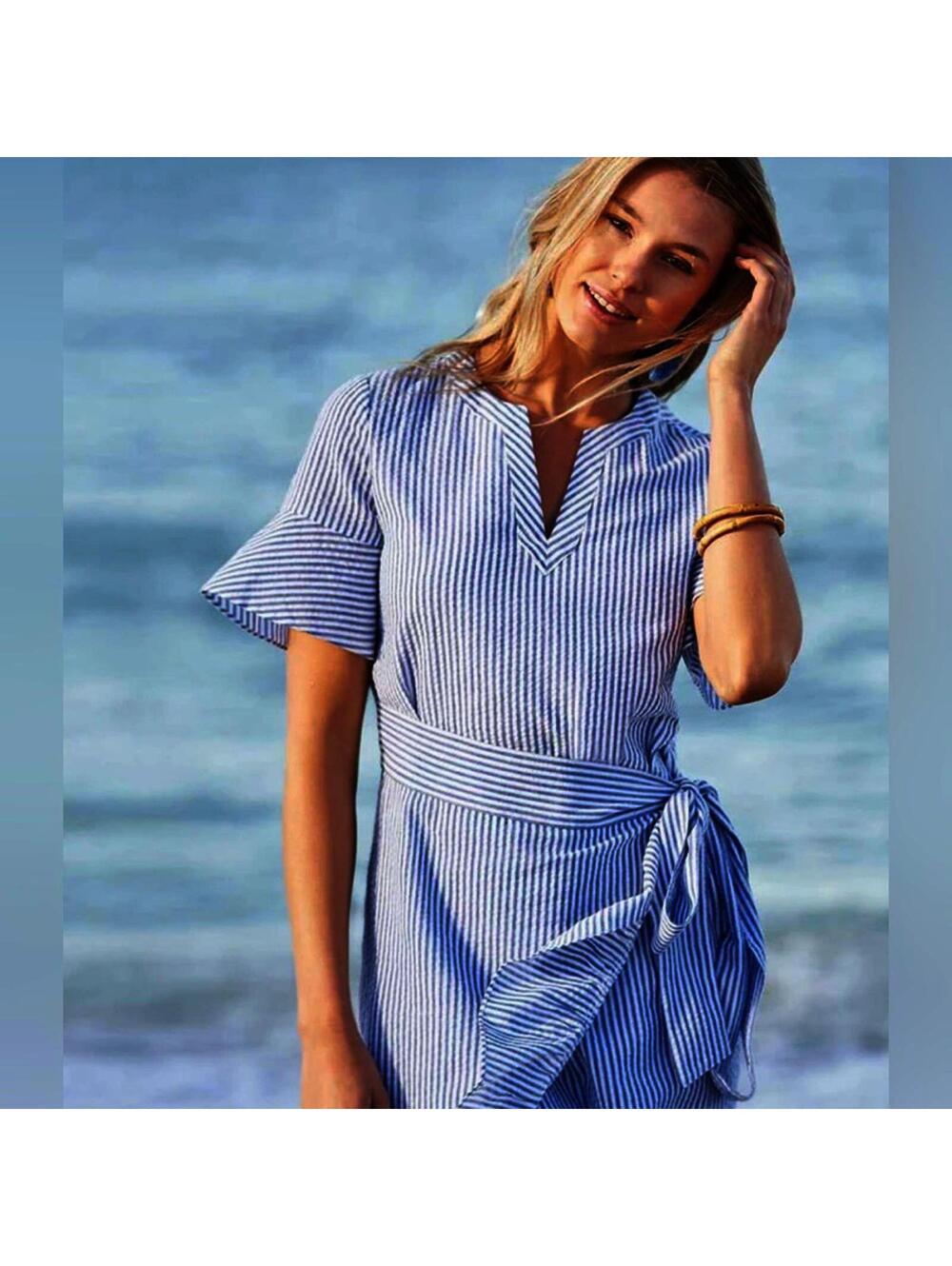 Vineyard Vines Short Sleeve Wrap Dress Blue White Seersucker | Size 12